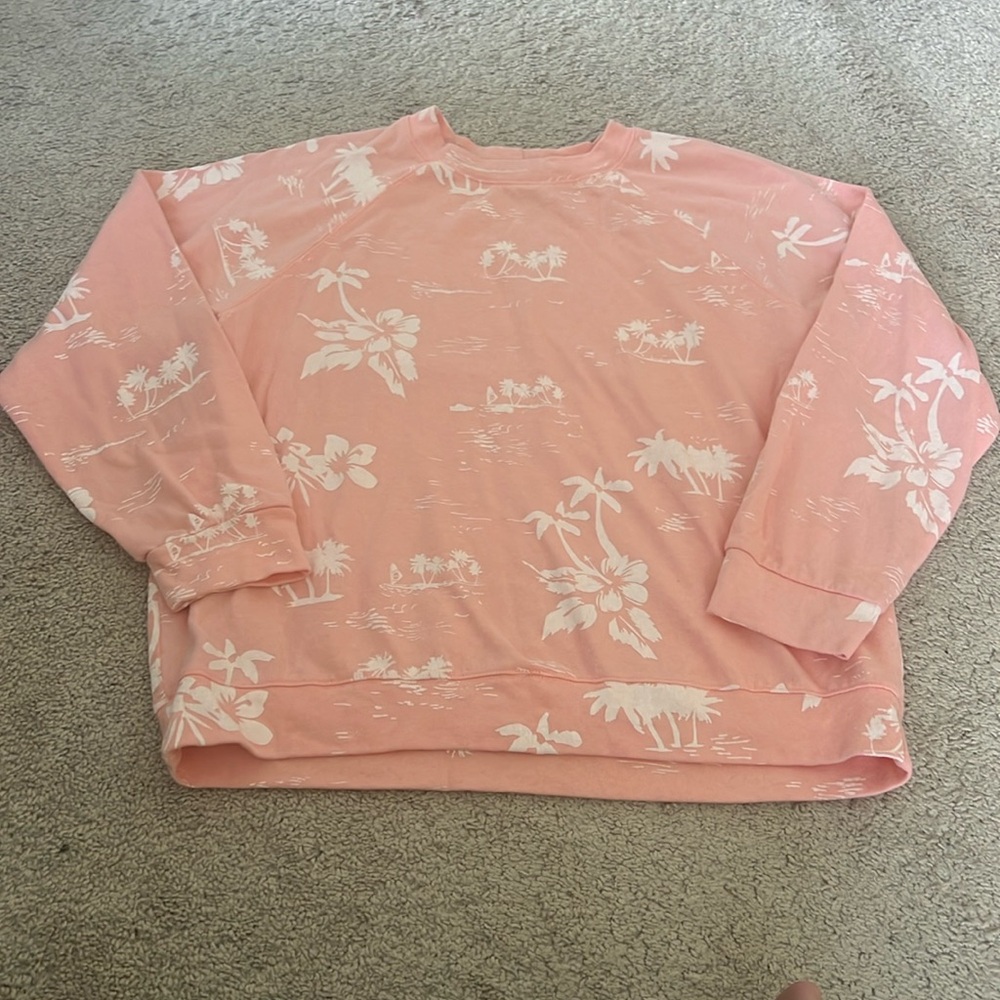 Monrow crewneck palm tree Hawaiian top pink‎ xs long sleeve sweater sweatshirt